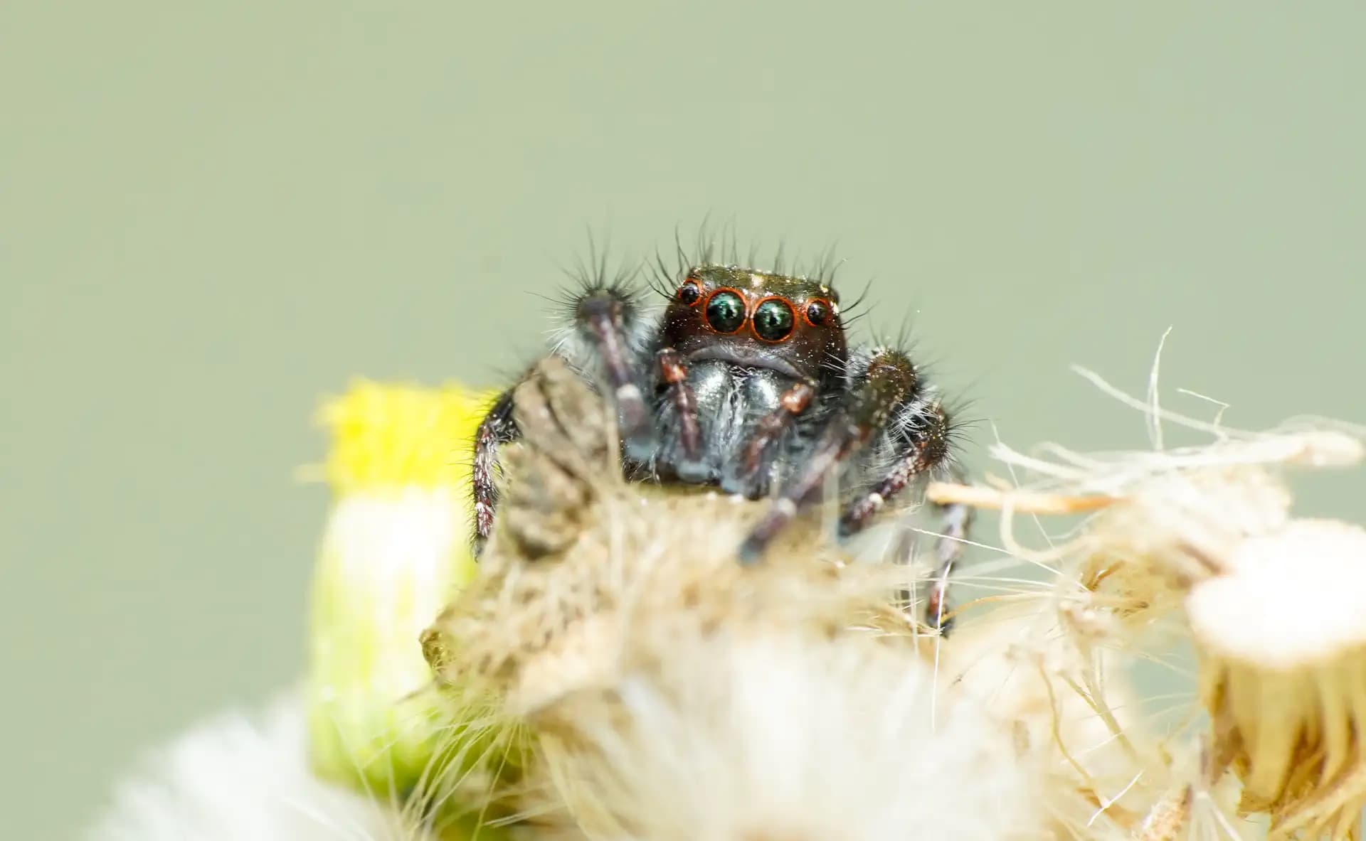 A cute little spider (Phiddipus) looking at the camera.