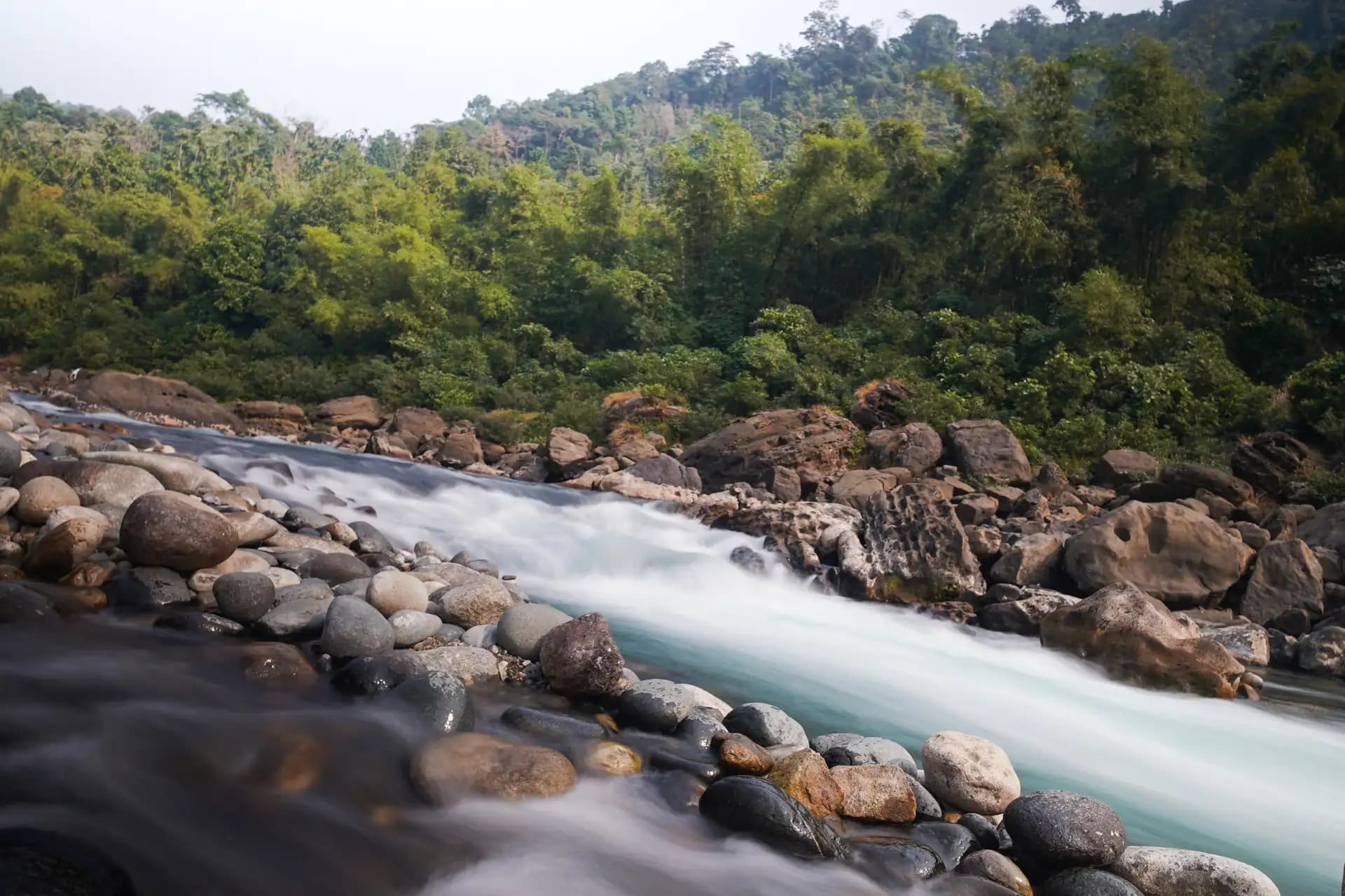 The flowing water of the Dawki river.